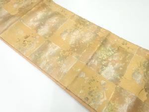 格子に菊・牡丹・枝梅模様織出し袋帯